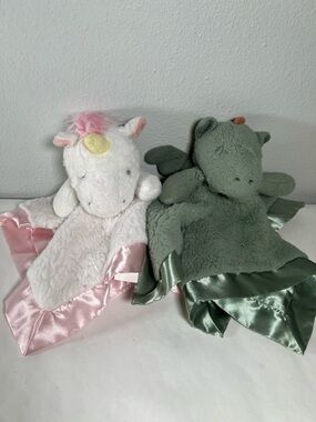 cloud island Unicorn and Dragon Lovey Set - White, Pink & Sage Green